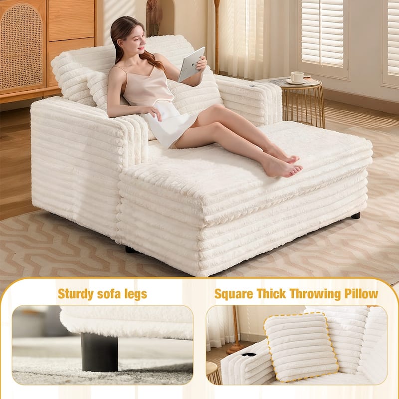 64" Oversized Chaise Lounge Chair Sofa Bed, Corduroy Upholstered Sleeper Chair with Wood Frame, Storage Pockets, Cup Holders