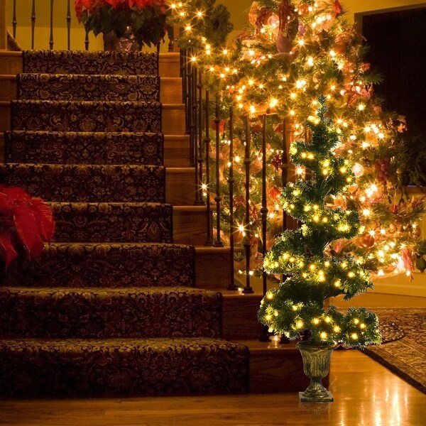 4 Feet Pre Lit Spiral Entrance Artificial Christmas Tree with Retro Urn Base Green 4 ft
