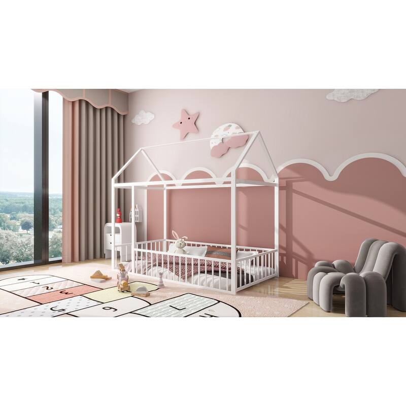 Metal House Bed Frame with Fence and Roof for Kids and Teens
