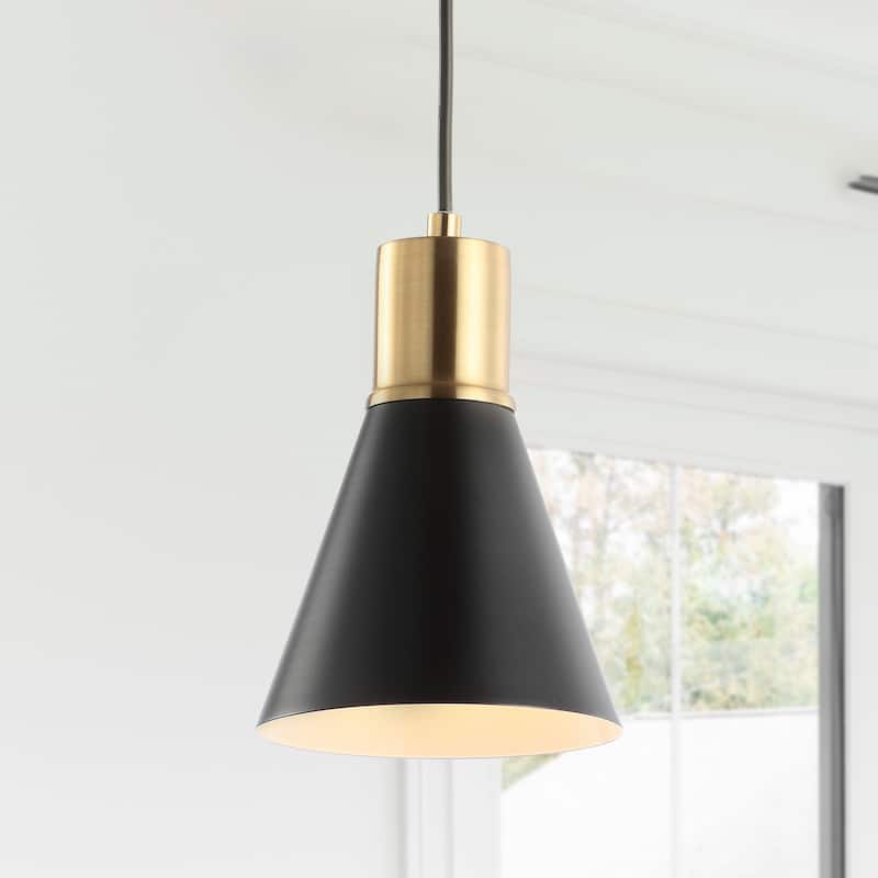 Watts Mid-Century Modern Iron LED Pendant, by JONATHAN Y - 1-Light - Black/Brass Gold