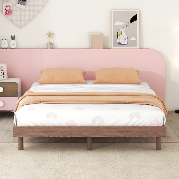 slide 2 of 9, Wooden Full Platform Bed Frame for Kids Teens Adults, Full Size Bedframe with Solid Wood Slats Support, Not Included Headboard Walnut - Full