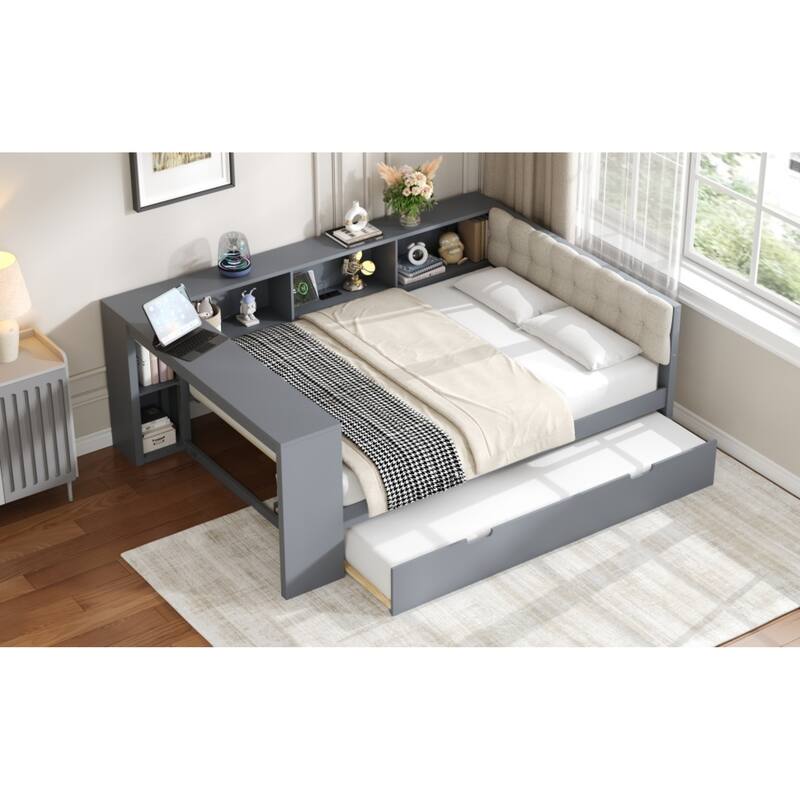 Roomfitters Twin/Full Wood Platform Bed with Trundle, Charging Station and Upholstered Headboard
