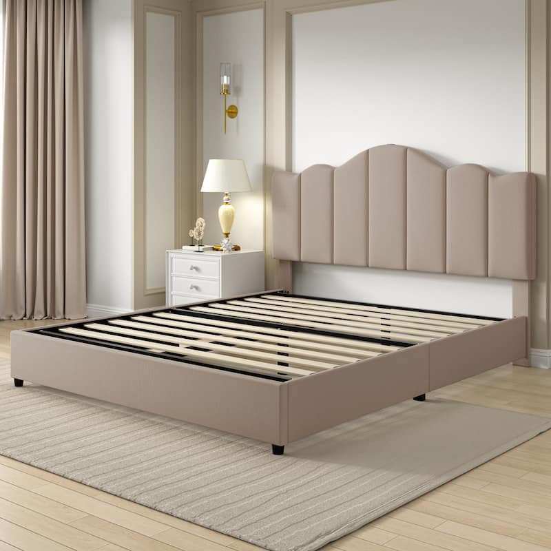 VECELO Platform Bed Frame with Type-C & USB Charging Stations Upholstered Adjustable Headboard Strong Wooden Slats Support