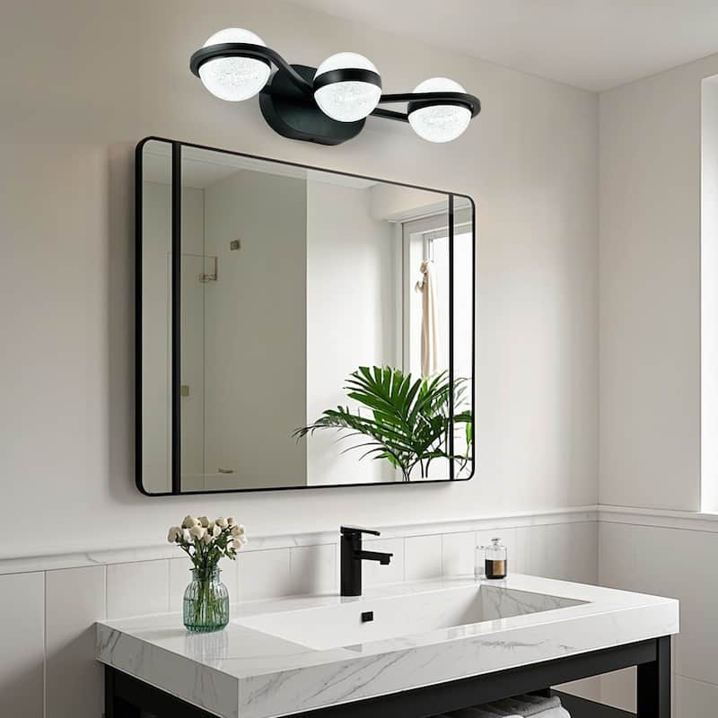 Bathroom Vanity Light, LED 3 Bulb Crystal Sand Acrylic Shades, Wall Mounted Decorative Lighting Fixture - Black