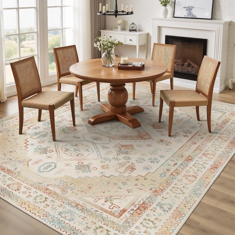 Mcow Faded Floral Vintage Collection Low-Pile Machine-Washable Area Rug