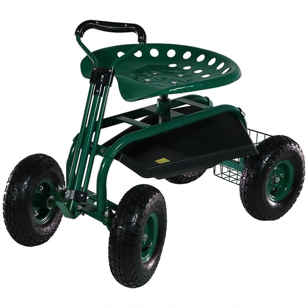 Sunnydaze Rolling Garden Cart w/ Extendable Steering Handle Swivel Seat & Basket