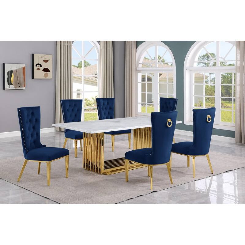 Best Quality Furniture D312/3-SC330-7 Dining Set with 79" White Marble Top
