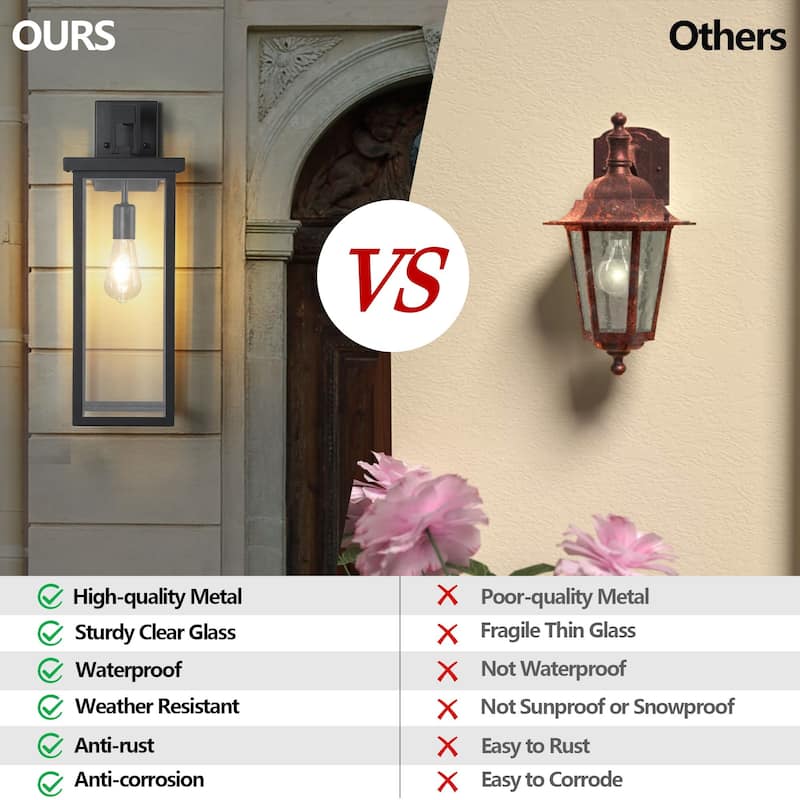20"(H) Set of 2 Outdoor Wall Lanterns with Black Metal Frame and Clear Glass, Weatherproof Wall Sconces, E26 Bulb(No Bulbs)