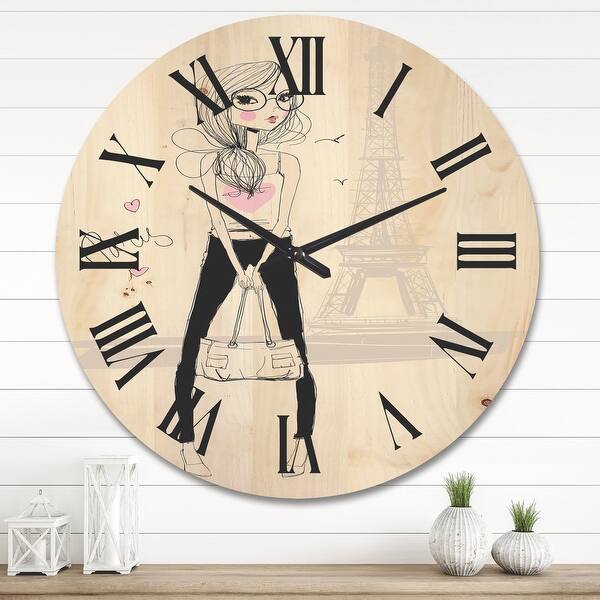 slide 1 of 7, Designart 'Cute Girl By The Tour Eiffel In Paris' Children'S Art Wood Wall Clock 36 In. Wide x 36 In. High