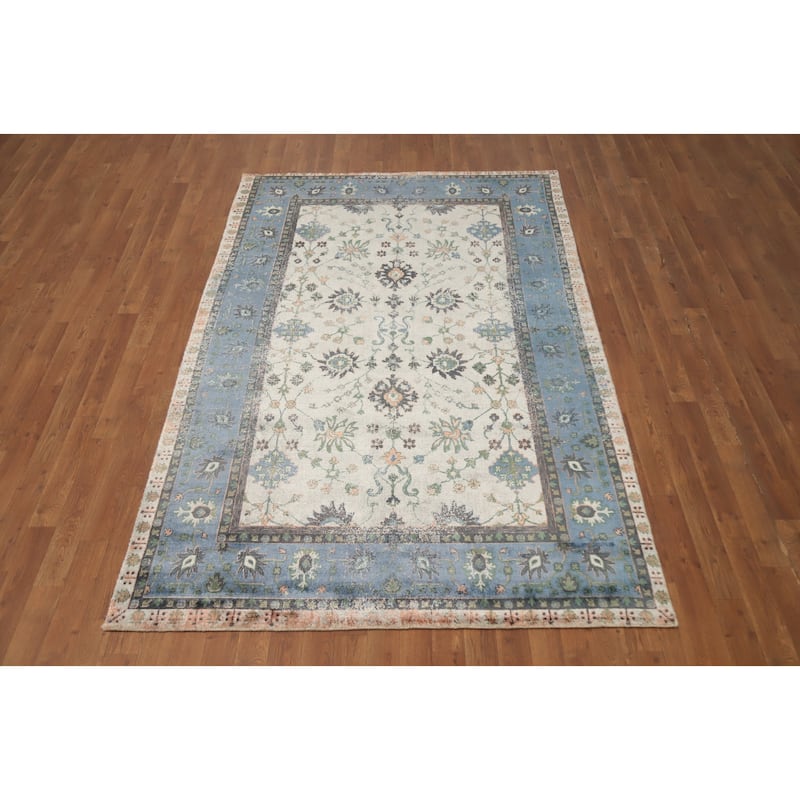 Hand Knotted Oriental Viscose Silk Carpet Transitional All-Over Beige & Ivories Oushak Area Rug - 7' 10'' X 5' 0''