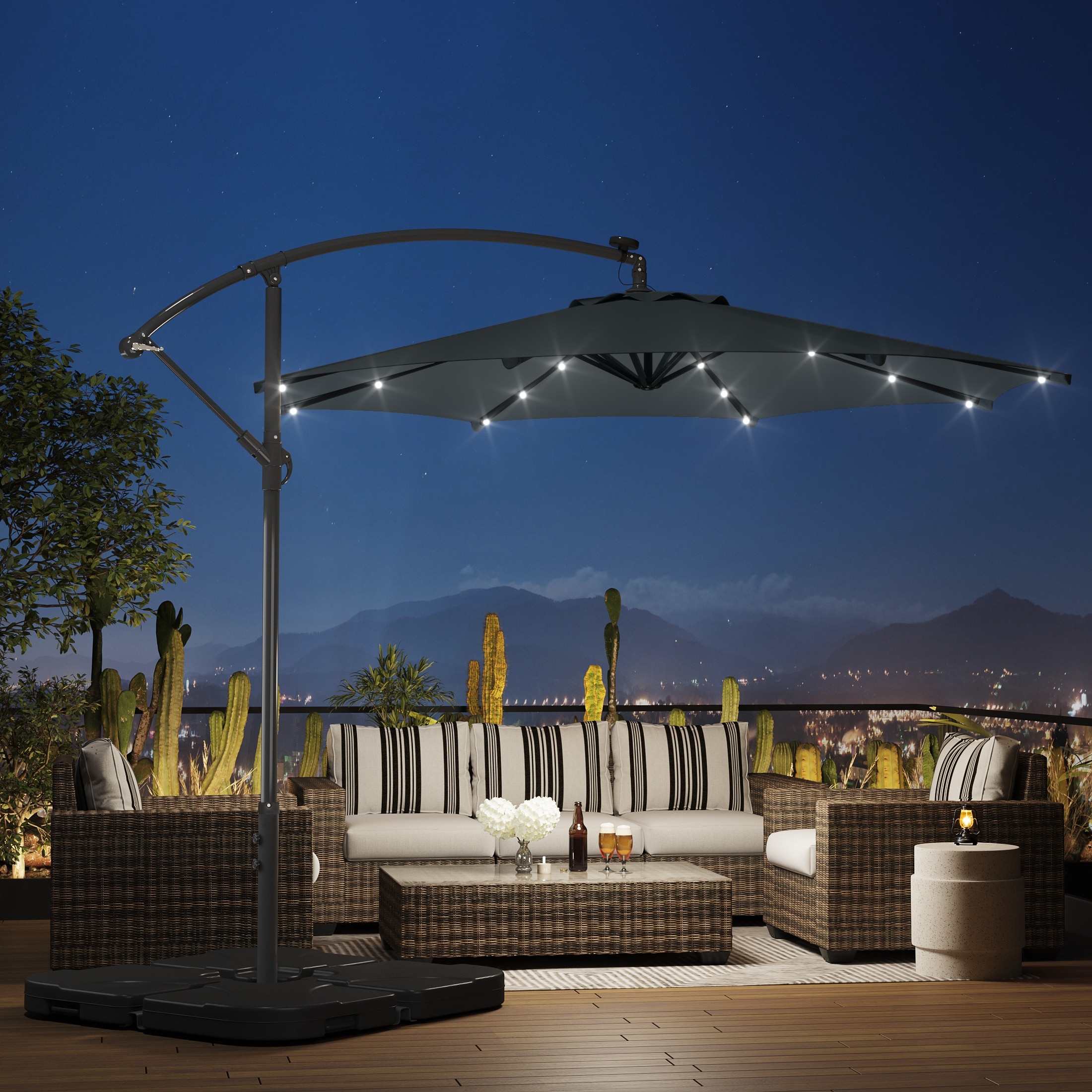 10 foot patio umbrella with solar lights WESTLAKE Ft LED Cantilever Offset w/ Included 4-Piece Base Weights, Gray Supported by an ultra Albert 10 ft. Outdoor /