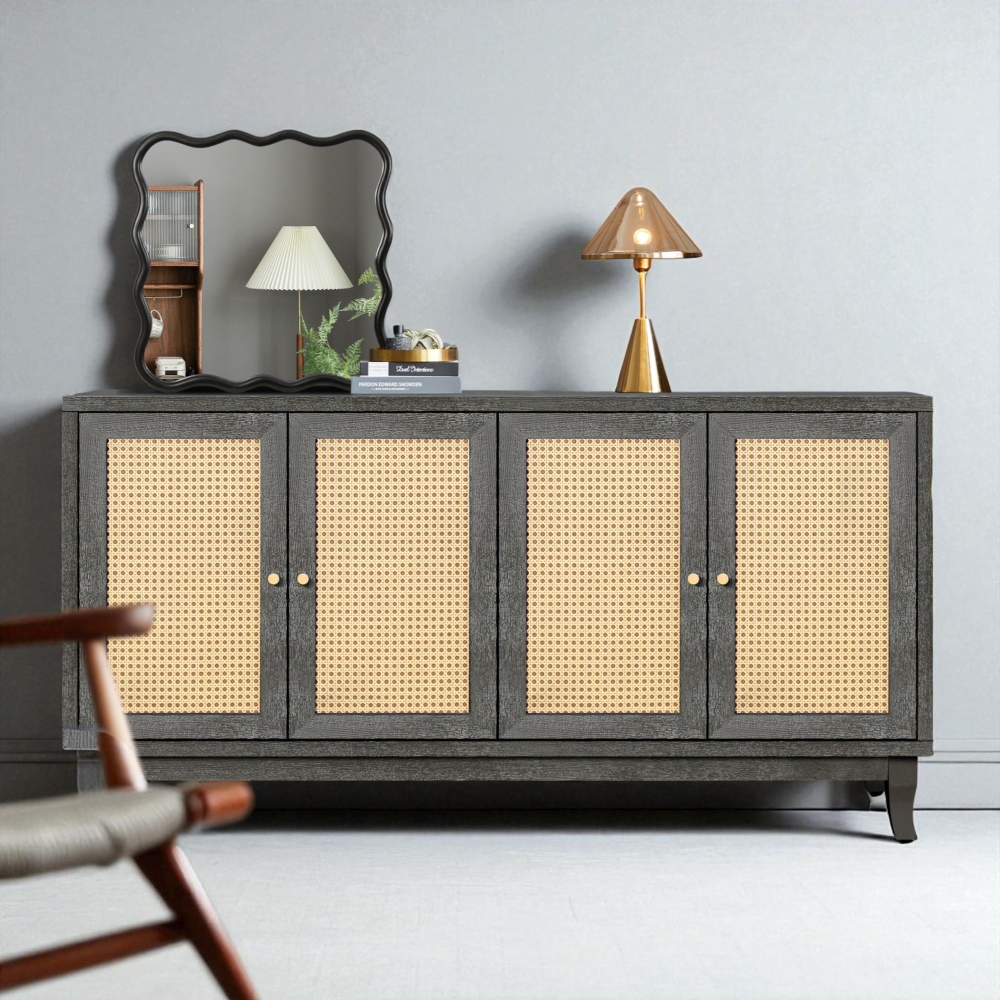 Rattan Sideboard Buffet Cabinet with 4 Doors, Handcrafted Woven Panels, Adjustable Shelves, Storage Cabinet for Dining Room