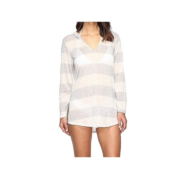 Splendid Womens Swimwear Gray Size Medium M Striped Hooded Cover-Up
