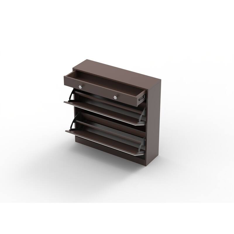 Mirrored Shoe Cabinet with Drawers - Space-Saving Entryway Organizer in Brown Finish