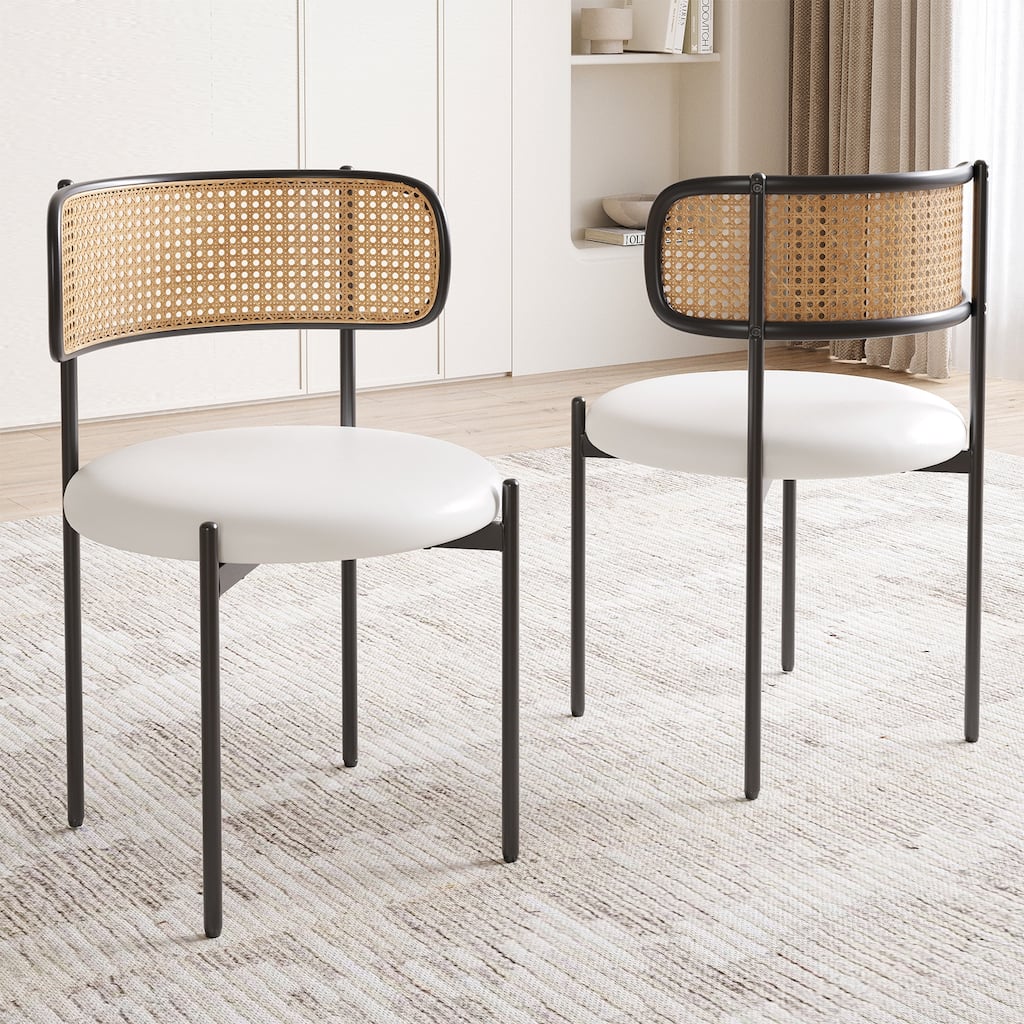 Dining Chairs Set of 2, PU Leather Upholstered Seat with Woven Rattan Back, Sturdy Metal Legs Modern Side Chairs