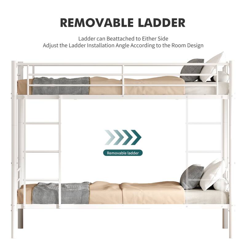 Bunk Bed Twin Over Twin, Metal Bunk Bed with Built-in Ladder and Safety Guardrail, Space-Saving Twin Bunk Beds