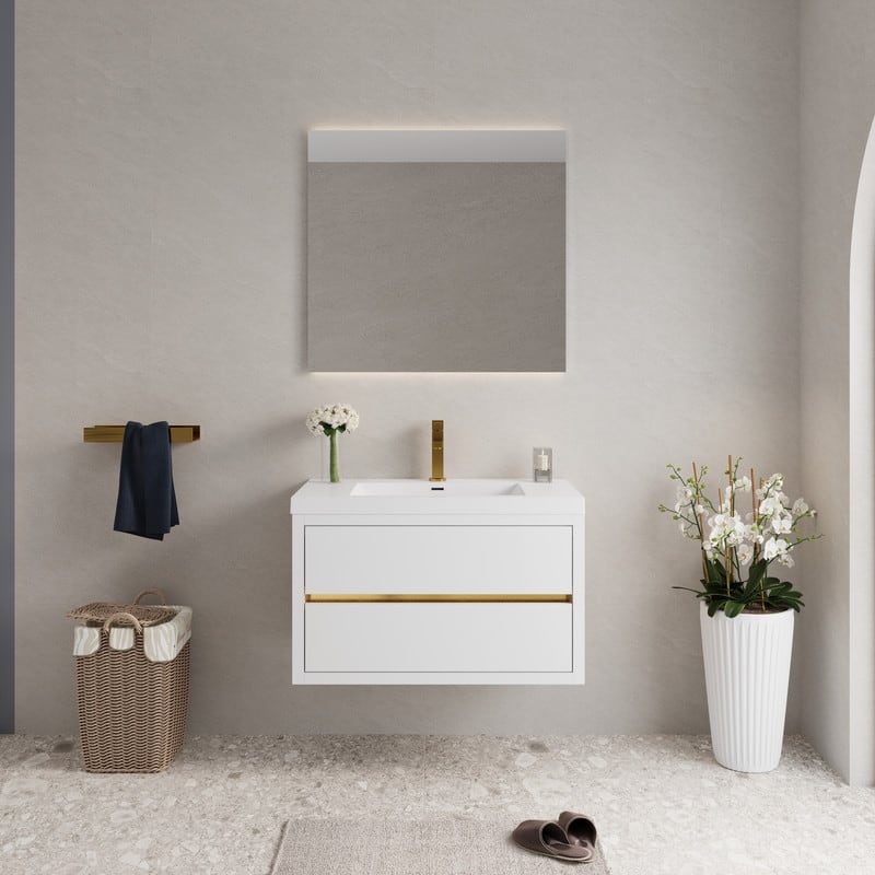 Abruzzo 36" Wall-Mount Bathroom Vanity with Stone Resin Top and Dual Soft-Close Drawers - Glossy White