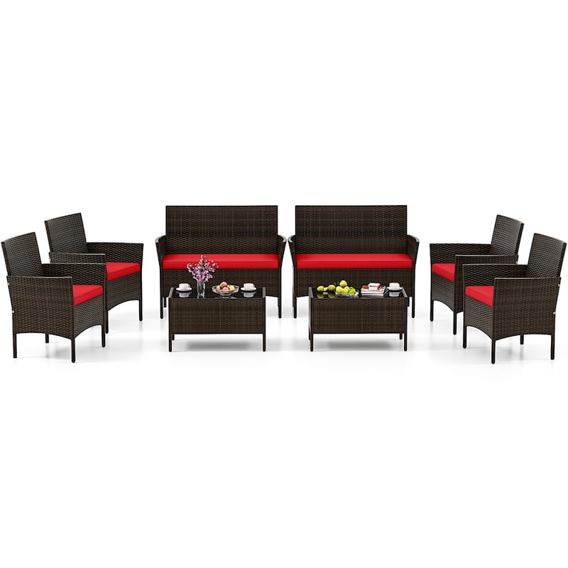 Gymax 8 PCS Patio Furniture Set w/Washable Cushions & Tempered Glass - Red