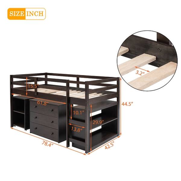 dimension image slide 3 of 6, Low Study Twin Size Wooden Loft Bed with Cabinet and Rolling Portable Desk - Functional Design