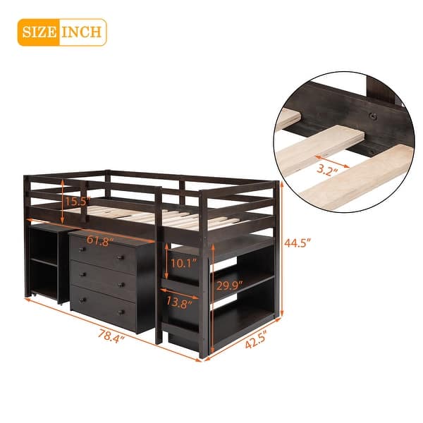 dimension image slide 3 of 6, Modern Twin Low Loft Bed with Desk, Cabinet, and Rolling Desk