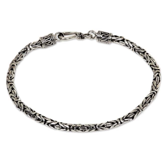 Handmade Borobudur Collection Buddhist Zen Inspired Naga Snake Mens or Womens Sterling Silver Chain Bracelet (Indondesia) - Silver - White - 8.75 Inch