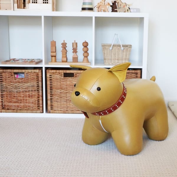 Bedroom Playroom Seat Height Tan Faux-Leather Dog Animal Shaped Ottoman Furniture for Nursery Living Room Decor 15-in