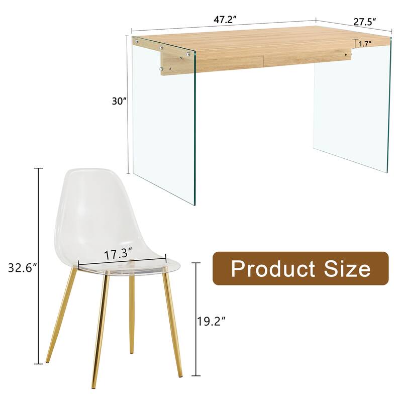 Roomfitters 5pcs Wood Texture MDF Coffee Table Set with Tempered Glass Legs and Transparent Chairs, Transparent