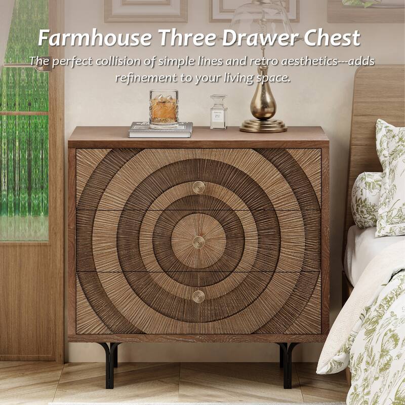 COZAYH Farmhouse Nightstand, Accent Wooden Storage with Circle Pattern and Radioactive Wood Lines, Mid-century Dresser