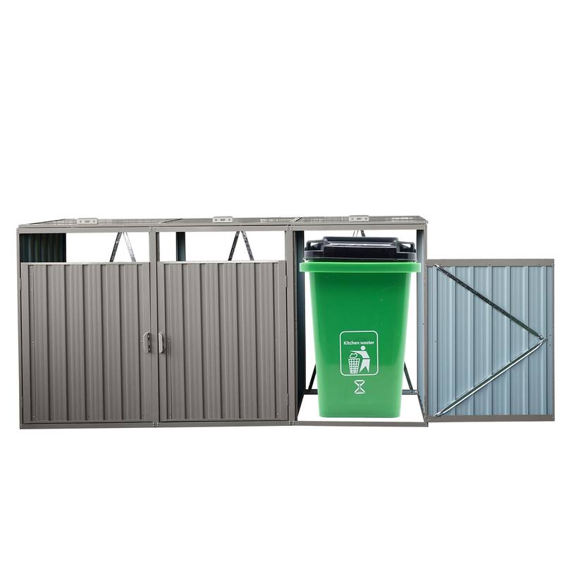 Garbage Bin Shed Stores 3 Trash Cans Metal Outdoor Bin Shed for Garbage Storage,Stainless Galvanized Steel, Bin Shed