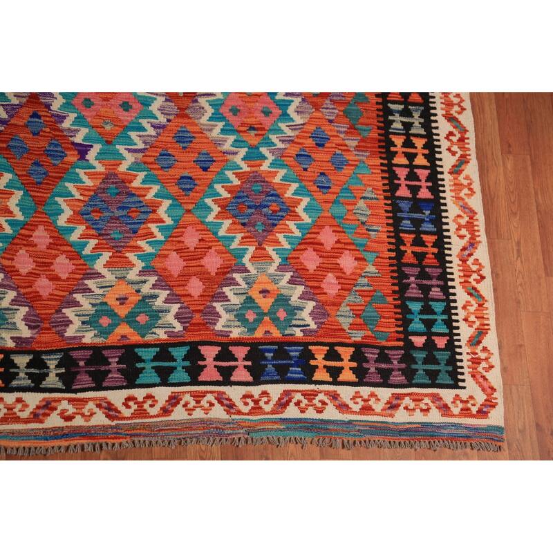 Reversible Kilim Oriental Rug Hand-Woven Geometric Wool Carpet - 10'8"x 13'3"