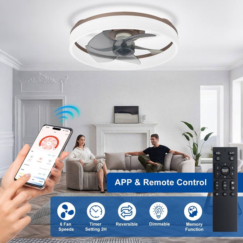 Ceiling Fan with Light: Low Profile, App Remote Control, 6-Speed, 3 CCT, Quiet DC Motor, Dimmable LED, 20" /16"