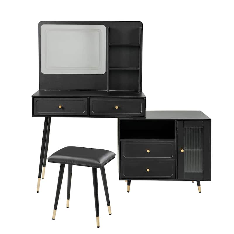 Modern Makeup Vanity Desk with Mirror and Lights, Retractable Dressing Table with Drawers and Cabinet