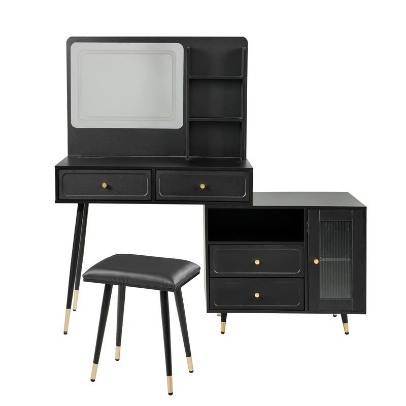 Modern Makeup Vanity Set with PU Cushioned Stool, Retractable Dressing Table Vanity Desk with Mirror, Light & Power Outlet