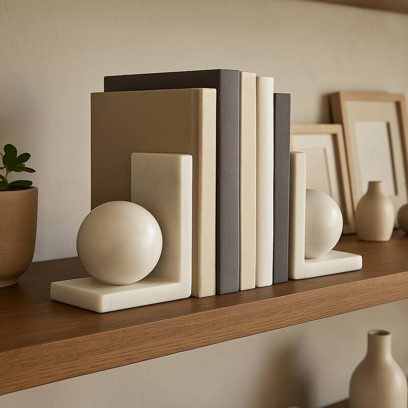 Stone Bookends Decorative L-Shaped with Geometric Sphere (Set of 2) - White - 6.0"