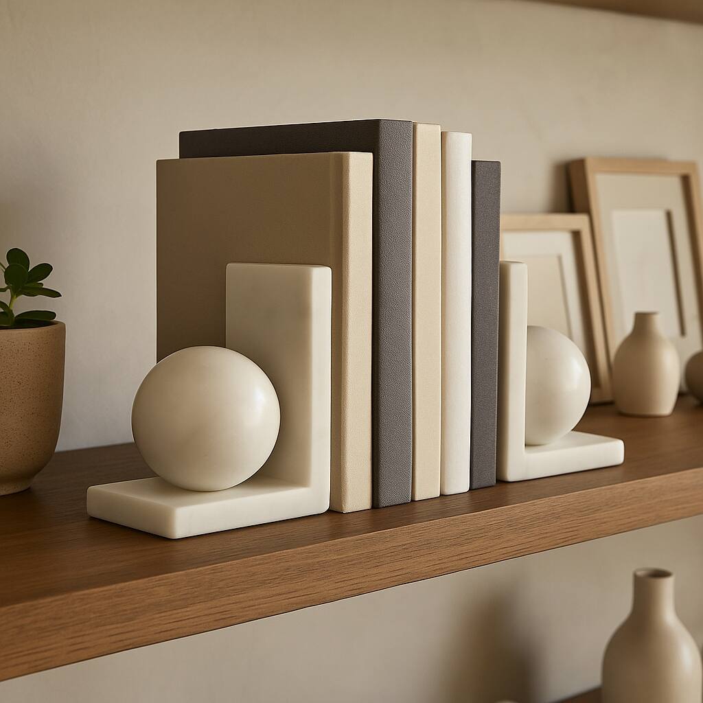 Stone Bookends Decorative L-Shaped with Geometric Sphere (Set of 2)