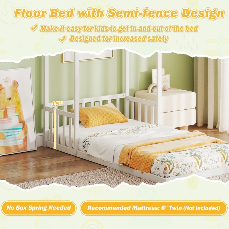 Twin Size Wooden Montessori Floor Bed with House Shape Frame and Semi-Fence Railings for Kids Room