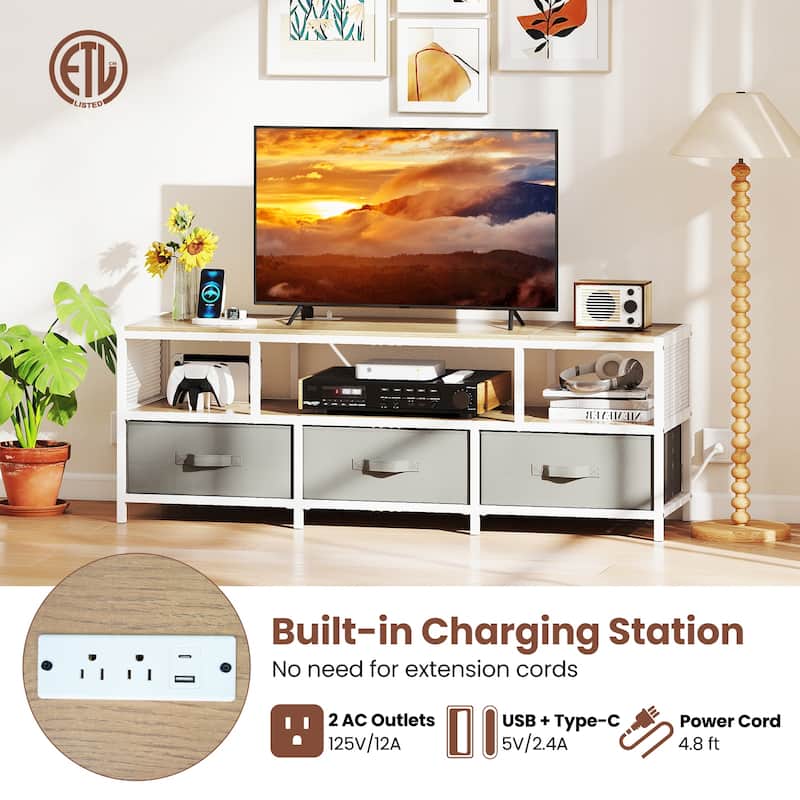 55" Entertainment Unit with Power Outlets Storage Drawers and Wood Grain Finish for Bedroom or Living Room - 55" x 16" x 19.5"
