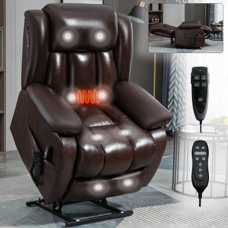 Brown Medium Electric Power Lift Recliner Chair in Genuine Leather with Dual Motors, 8-Point Massage, and Lumbar Heat