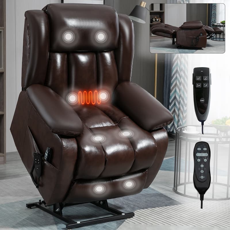 Brown Medium-Sized Electric Power Lift Recliner Chair in Genuine Leather with Dual Motors, 8-Point Massage, Lumbar Heating