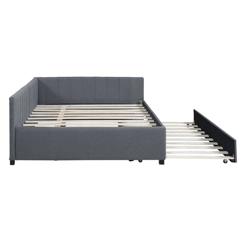 Full Size Upholstered Daybed with Trundle Sofa Bed Frame No Box Spring Needed, Linen Fabric(Beige)