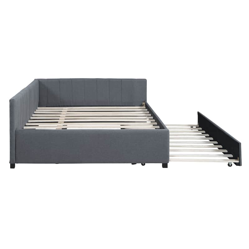 Full Size Upholstered Daybed with Trundle Sofa Bed Frame No Box Spring Needed, Linen Fabric, Beige