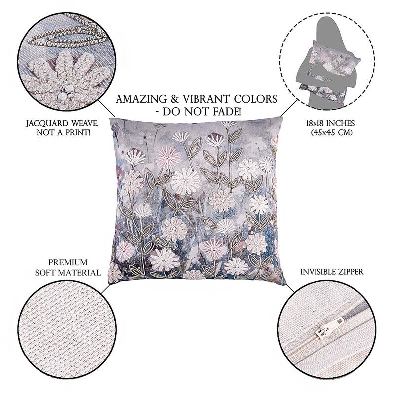 Floral Meadow Cotton Embroidered Decorative Throw Pillow