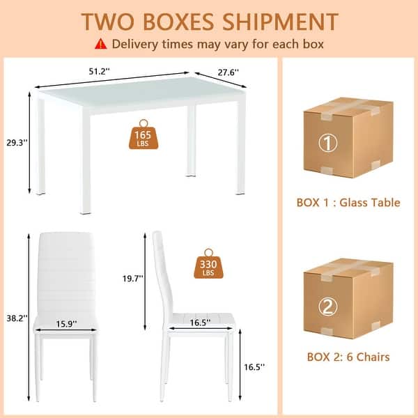 dimension image slide 0 of 3, Grondin Modern Style 7-Piece Dining Room Table Set with Tempered Glass Tabletop and 6 PU Leather Upholstered Chairs