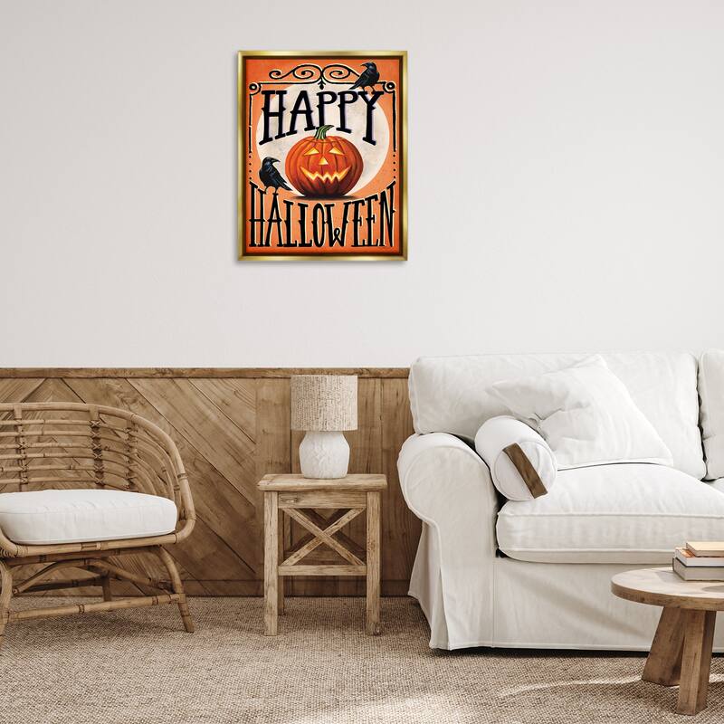 Stupell Happy Halloween with Crows Framed Floater Canvas Wall Art Design By Elizabeth Tyndall