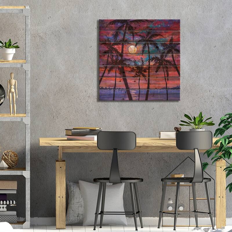 Beautiful Relaxing Landscape: Palm Trees, Pink Purple Sunset Over Sea And Large Moon Print On Wood by Valery Rybakow