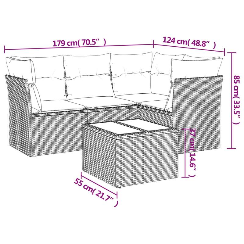 vidaXL Garden Sofa Set Black PE Rattan 5 Piece Set Modular - 21.7 x 21.7 x 14.6