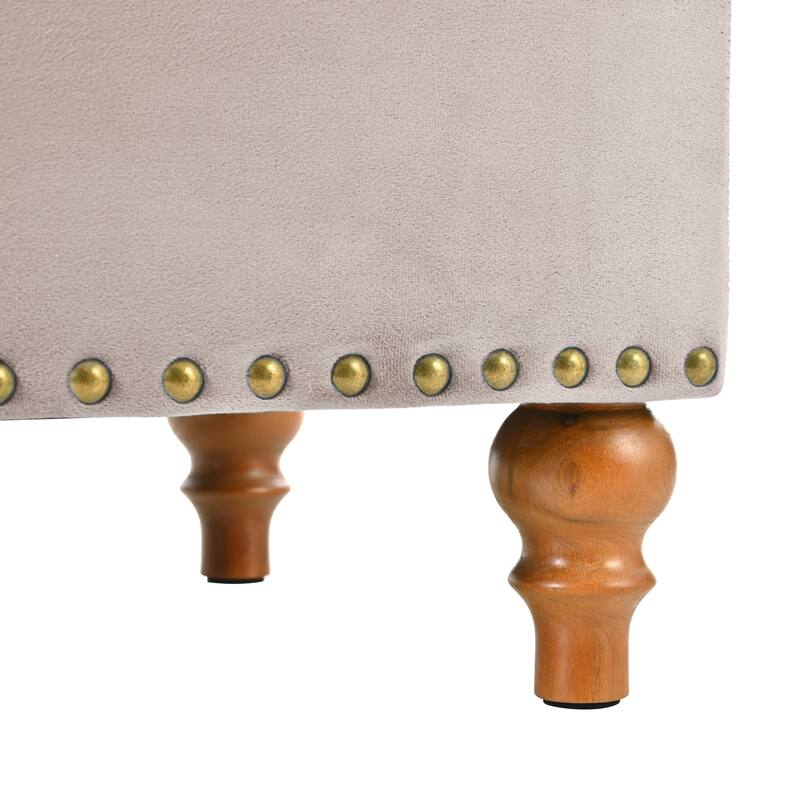 Square Velvet Ottoman with Storage Space & Rivet Trim Around