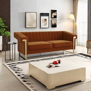 Orange Modern Velvet Channel Tufted Upholstered 3-Seater Sofa with Gold ...