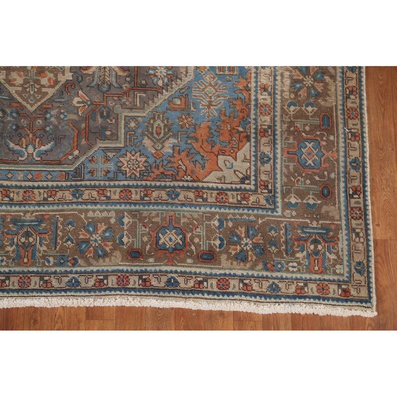 Gray Geometric Tabriz Persian Vintage Rug Handmade Wool Carpet - 6'8"x 9'7"