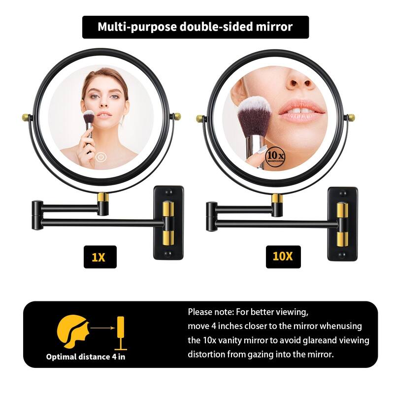 360° Swivel Wall Mounted Makeup Mirror with LED Lights & Extension Arm, 8.6"/8"in. Double Sided 1X/10X Magnifying Mirror